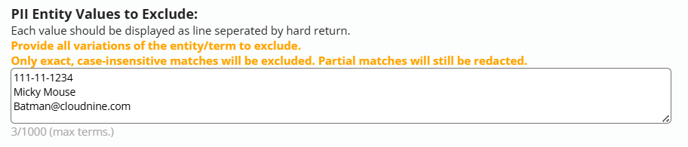 PII Values to Exclude